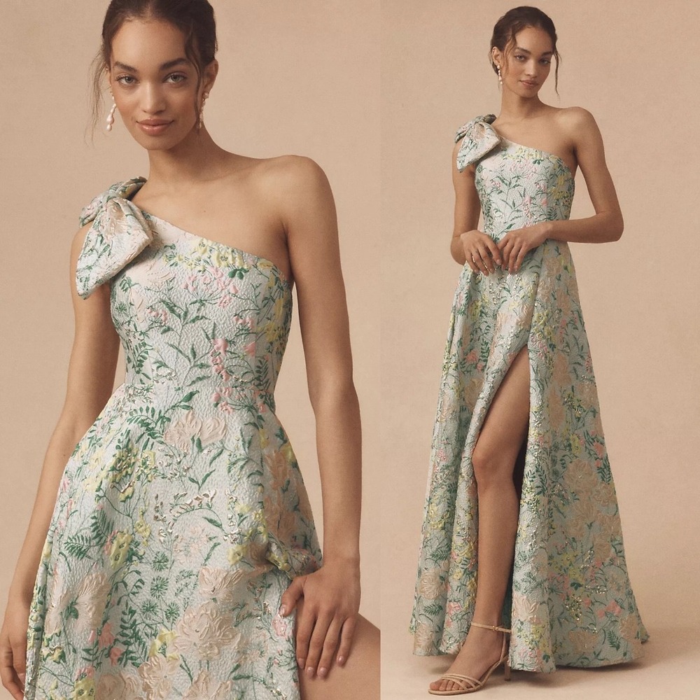 Mac Duggal One-Shoulder Floral Gown in Pastel Green and Pink - Picture 3 of 16